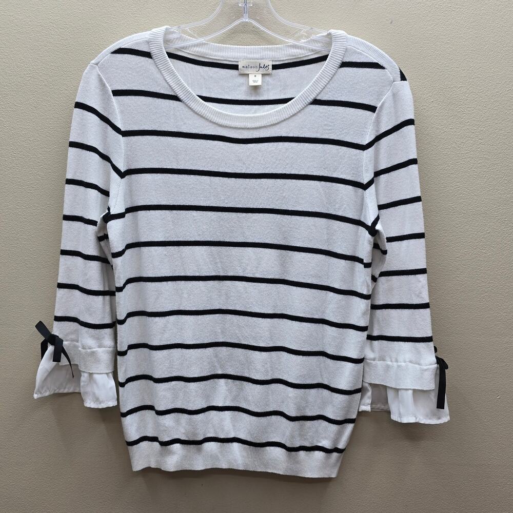Maison Jules Women's Striped Bow Sleeve Knit Sweater White Black Size Medium